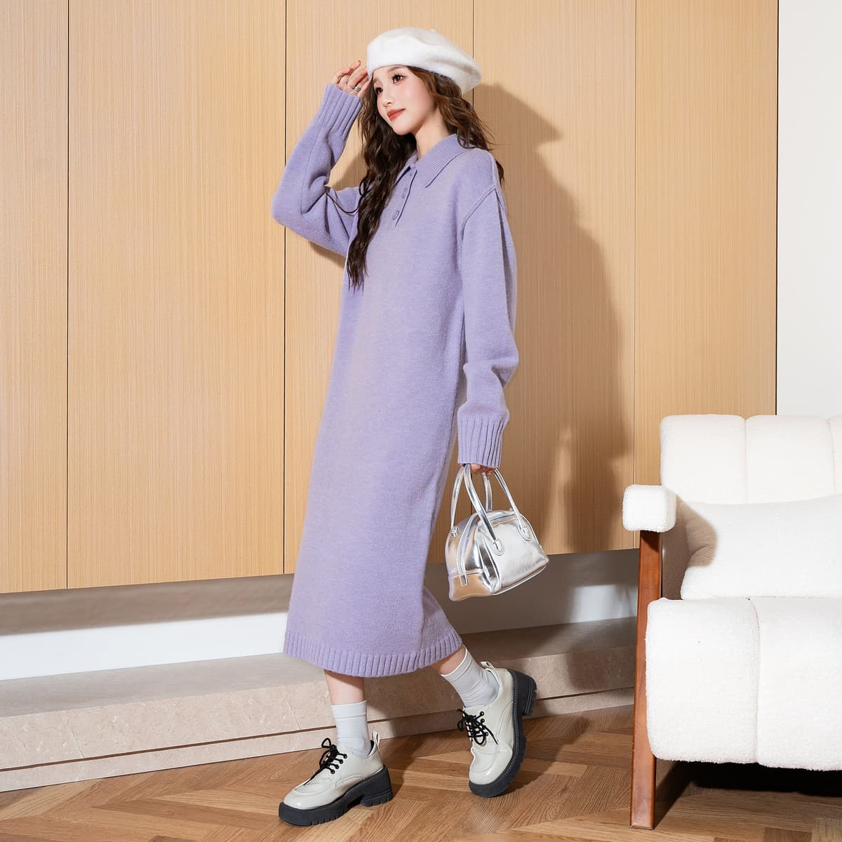 ロングワンピース ニット 襟付きリラックスニットワンピース