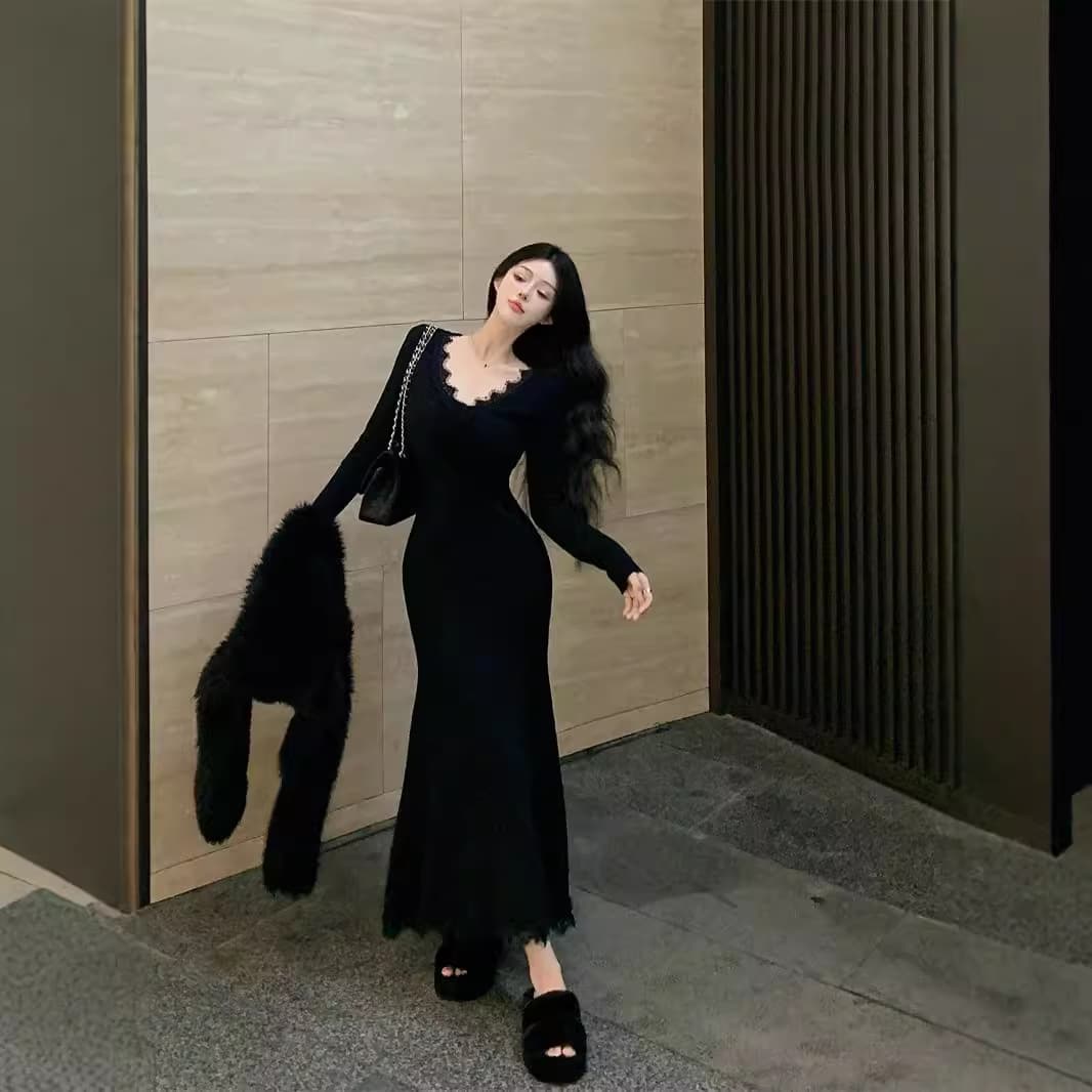 ロングワンピース 優美なレースデコルテマーメイドワンピース