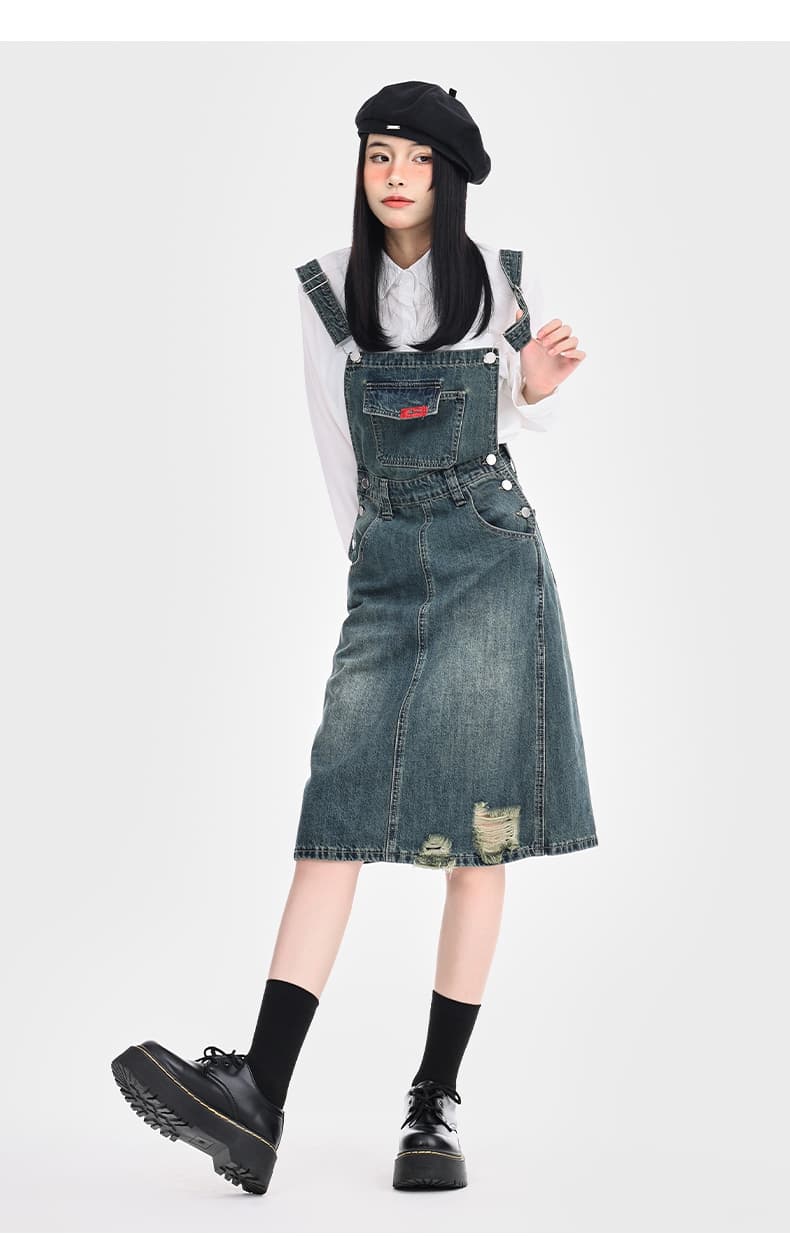 ワンピース デニム こだわりダメージ加工サロペット