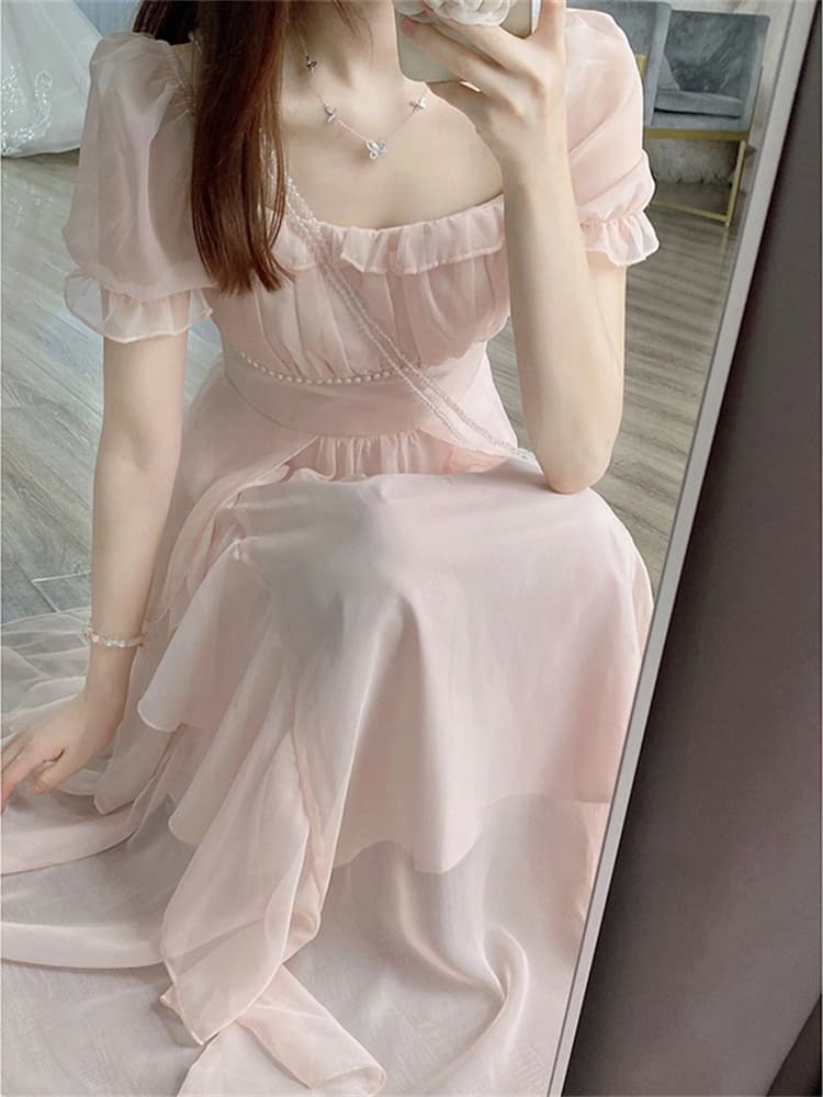 ロングワンピース レース ふんわりシフォンフリル袖ロングワンピース