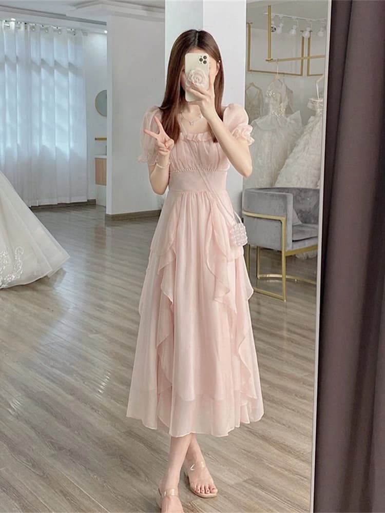 ロングワンピース レース ふんわりシフォンフリル袖ロングワンピース