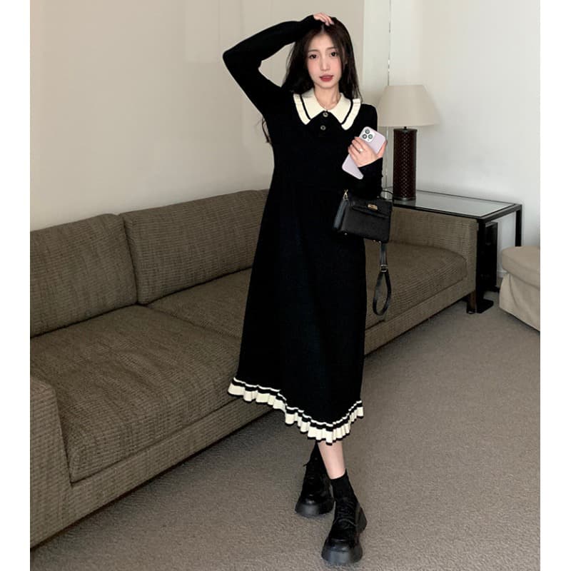 ロングワンピース ポロシャツ 配色襟フリル裾ロングニットポロシャツワンピース