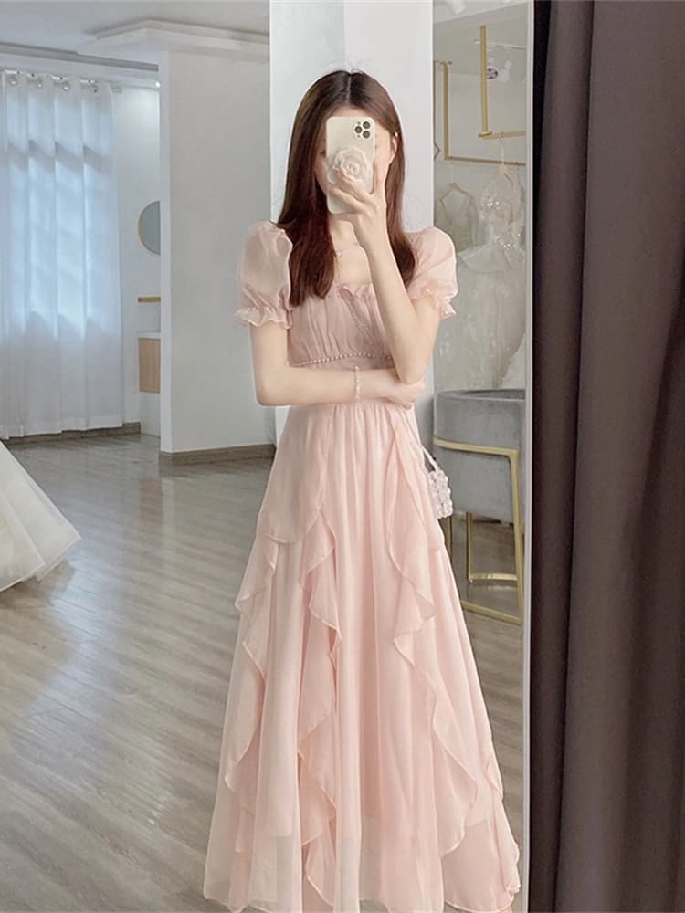 ロングワンピース レース ふんわりシフォンフリル袖ロングワンピース