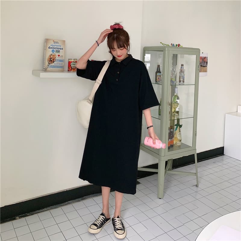 ロングワンピース ポロシャツ 襟付きゆったりシルエット五分袖ロングワンピース