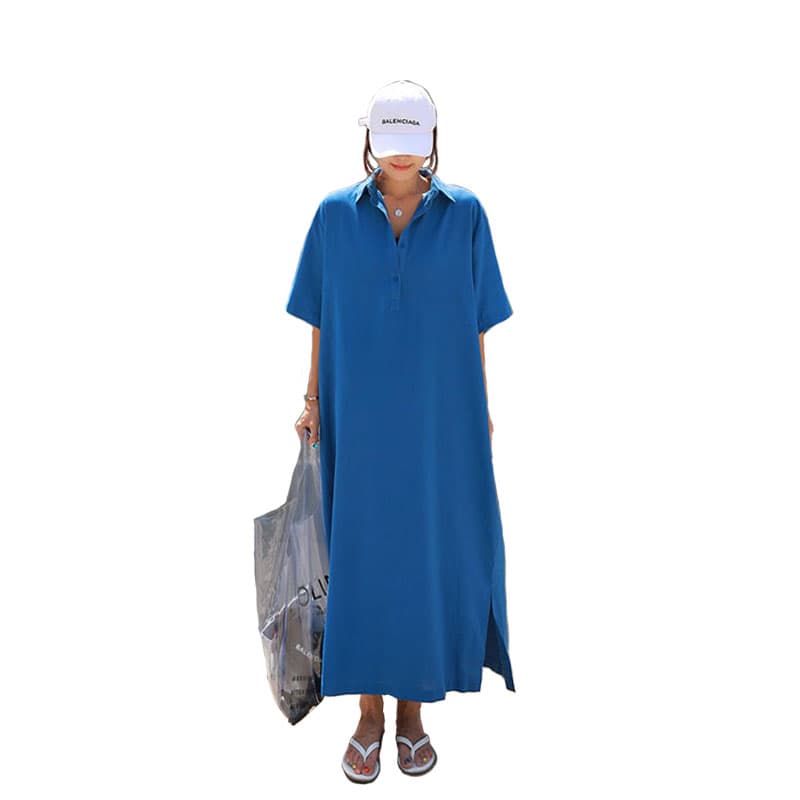 ロングワンピース シャツ 襟付き半袖ゆったりシルエットロングワンピース