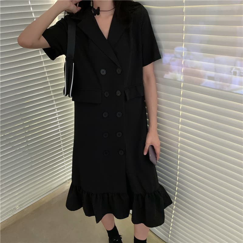 ロングワンピース シャツ 襟付き半袖ダブルボタンフリル裾ロングワンピース
