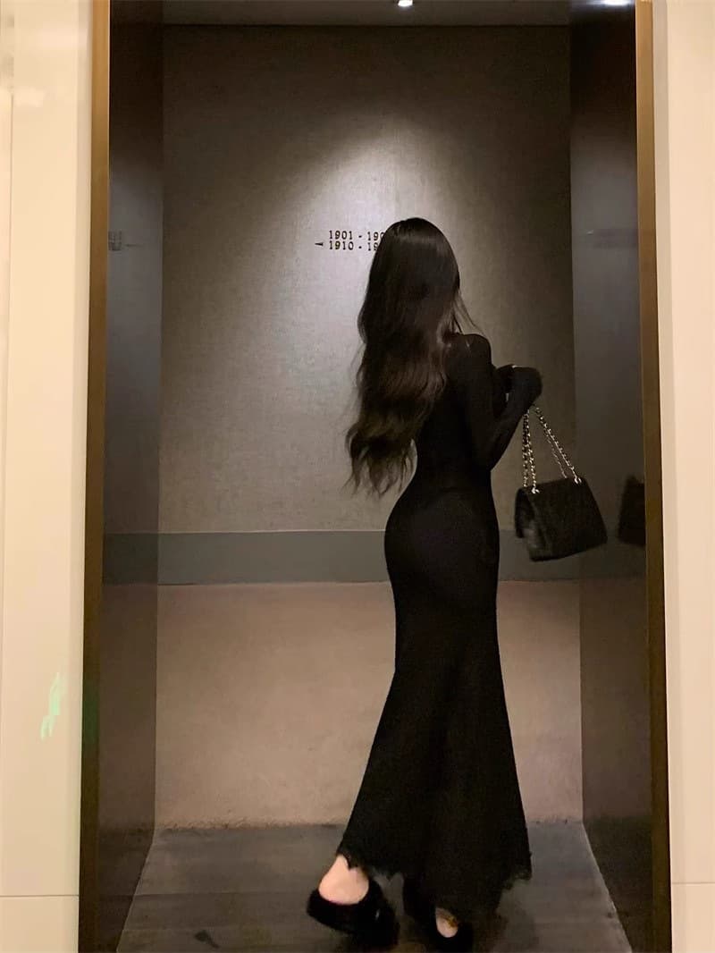 ロングワンピース 優美なレースデコルテマーメイドワンピース
