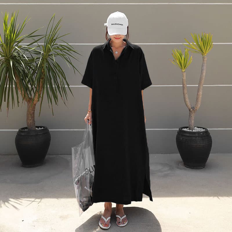 ロングワンピース シャツ 襟付き半袖ゆったりシルエットロングワンピース