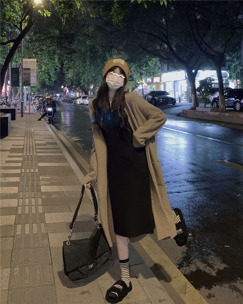 ロングワンピース しなやかリブ編みワンピース