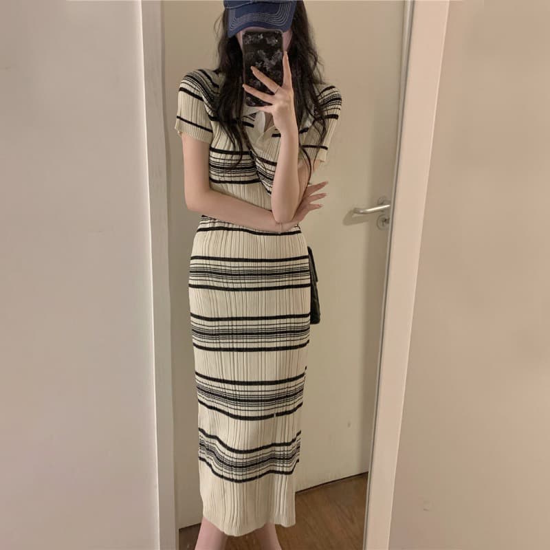 ロングワンピース ポロシャツ ボーダー柄襟付きニットロングワンピース