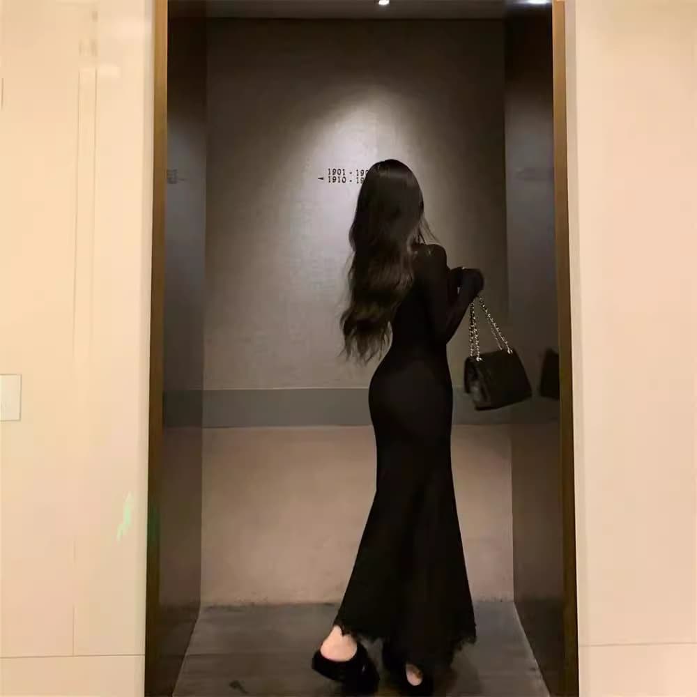 ロングワンピース 優美なレースデコルテマーメイドワンピース