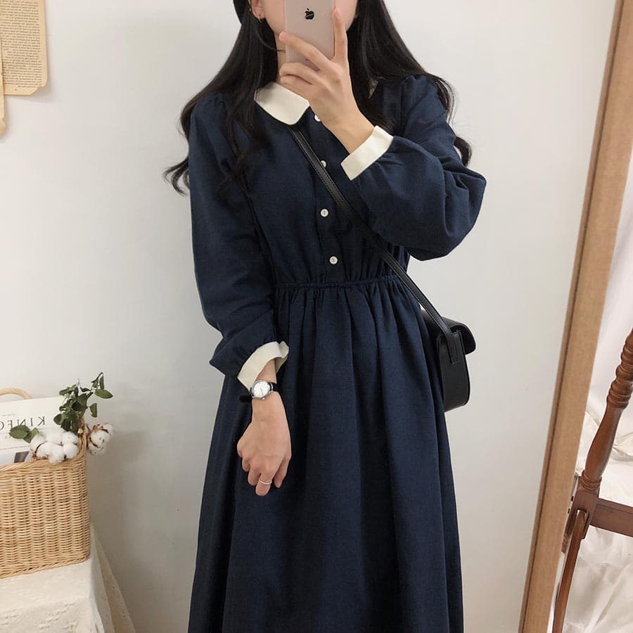 ロングワンピース ポロシャツ 襟元配色デザインポロシャツ風ロングワンピース