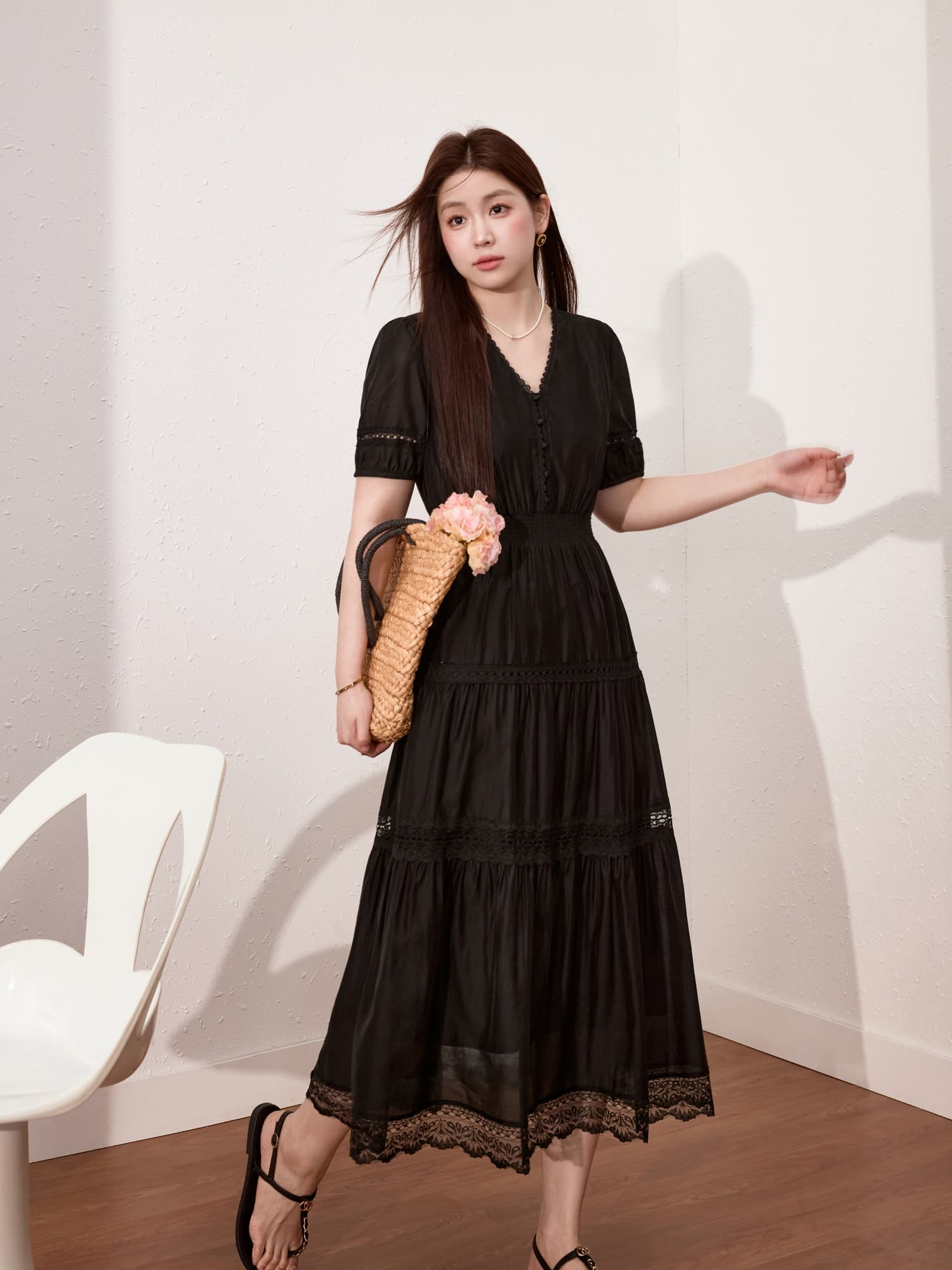 ロングワンピース レース 優美レース切替ティアードワンピース
