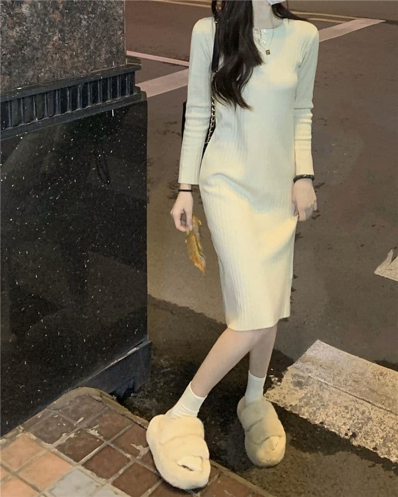 ロングワンピース しなやかリブ編みワンピース