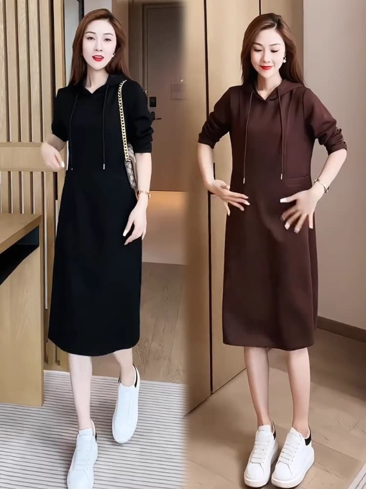 ロングワンピース スウェット フード付きミディ丈スウェットワンピース