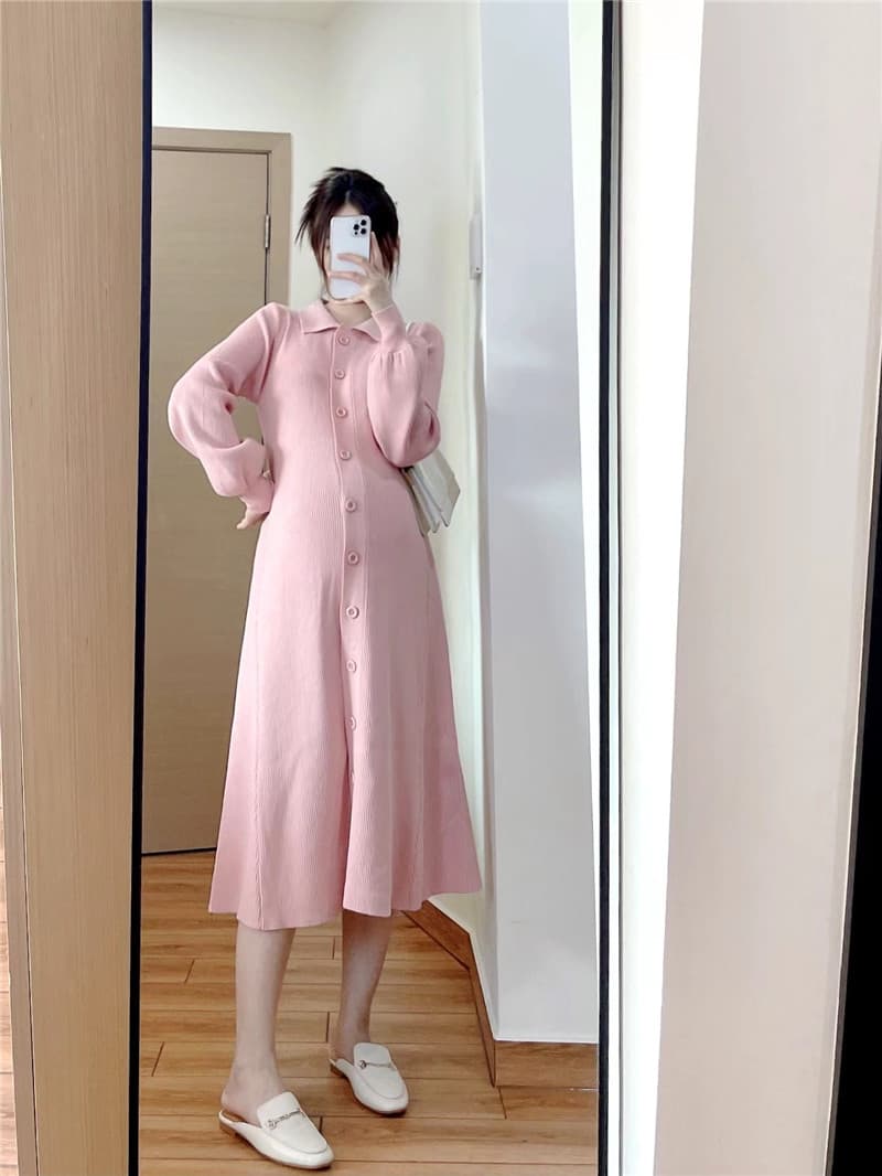 ロングワンピース ポロシャツ 襟付きニットリブ前開きロングワンピース