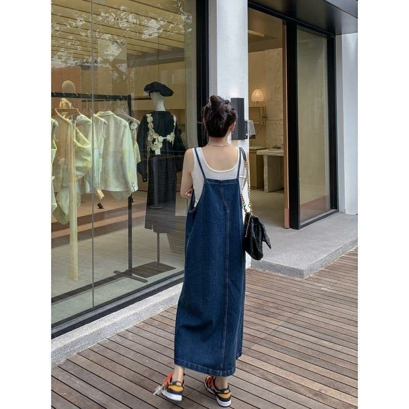 ロングワンピース サロペット風デザインワンピース