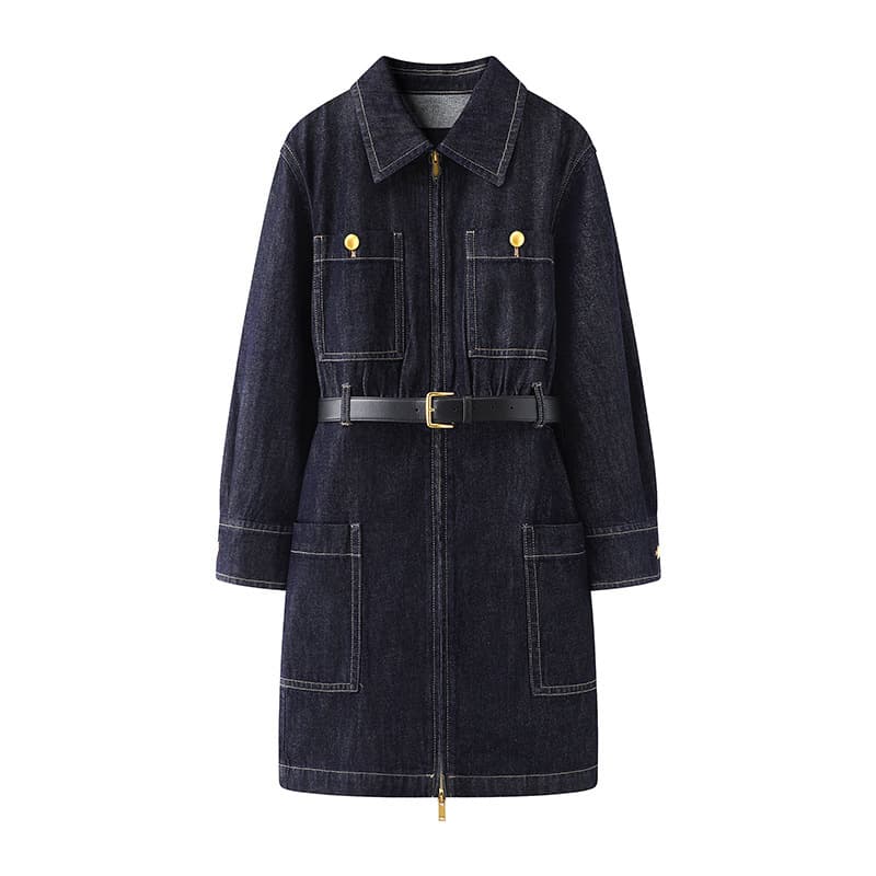 ロングワンピース シンプルジップデニムワンピース
