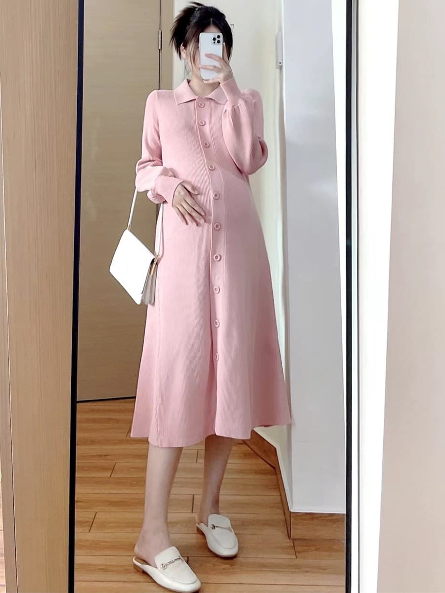 ロングワンピース ポロシャツ 襟付きニットリブ前開きロングワンピース