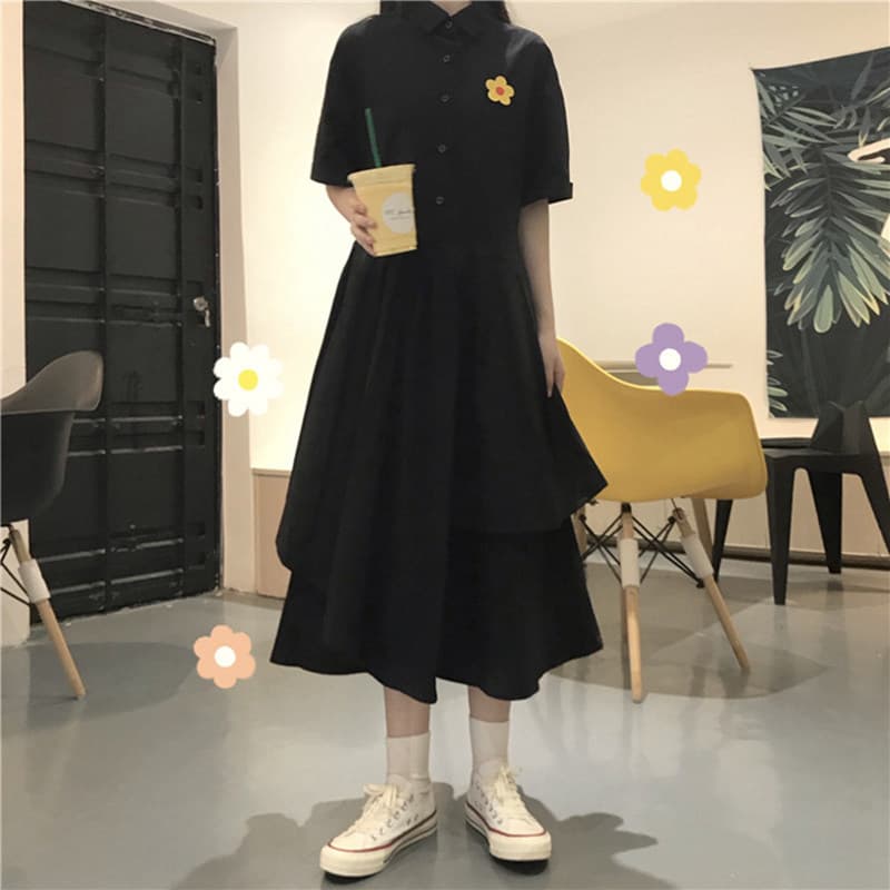 ロングワンピース シャツ フラワー刺繍付き半袖シャツワンピース