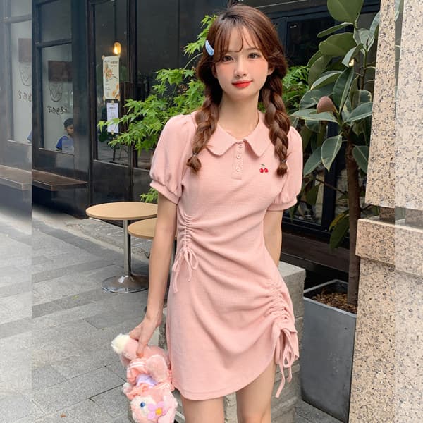 ロングワンピース リボン結びフリルスリーブギャザーワンピース