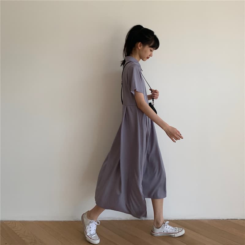ロングワンピース シャツ 襟付き半袖ロングシャツワンピース